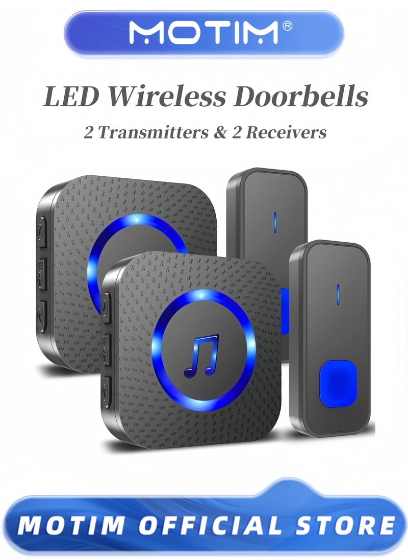 Motim - Wireless Doorbell 55 Ringtones & 5 Volume Levels with Flashing LED Includes 2 Receivers and 2 Buttons for Home Use - Image 1