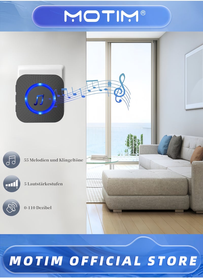 Motim - Wireless Doorbell 55 Ringtones & 5 Volume Levels with Flashing LED Includes 2 Receivers and 2 Buttons for Home Use - Image 1