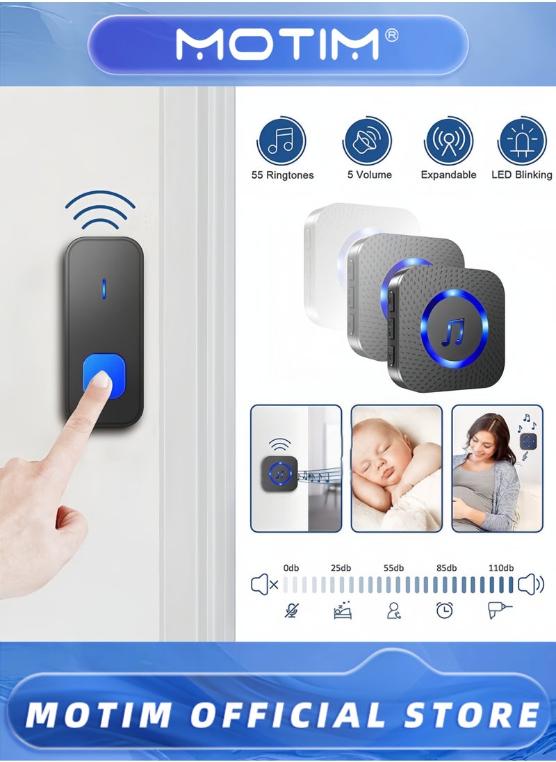 Motim - Wireless Doorbell 55 Ringtones & 5 Volume Levels with Flashing LED Includes 2 Receivers and 2 Buttons for Home Use - Image 1