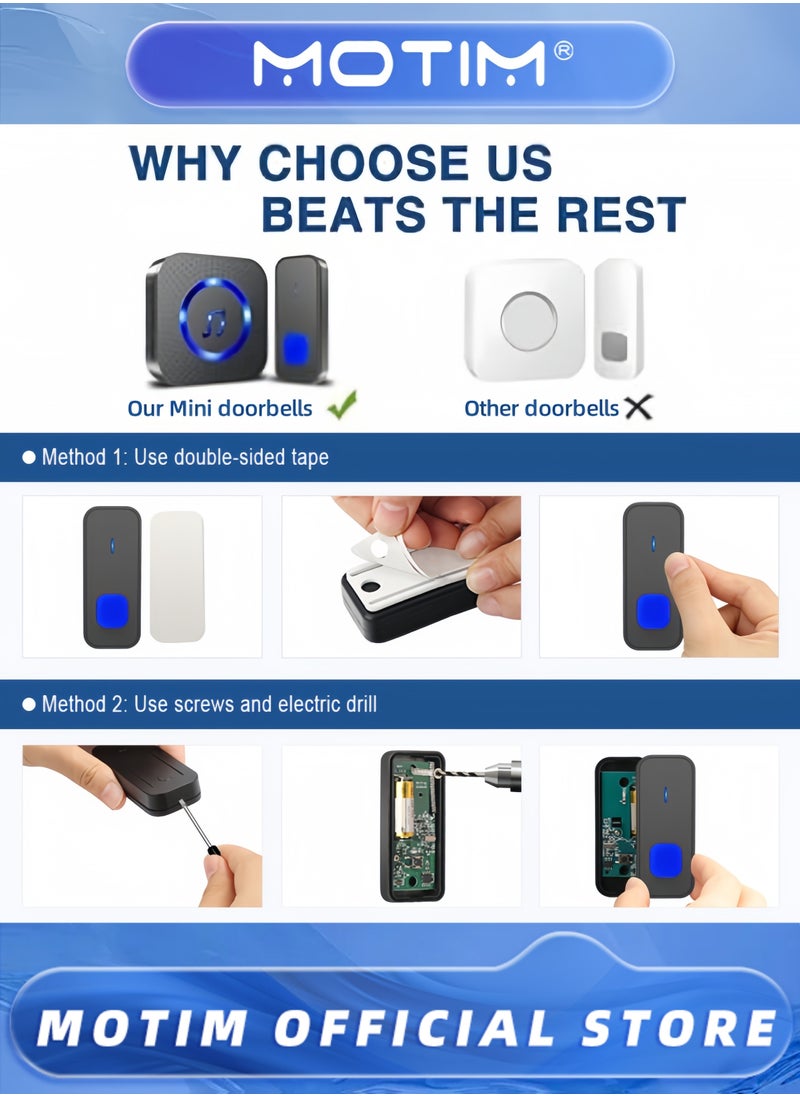 Motim - Wireless Doorbell 55 Ringtones & 5 Volume Levels with Flashing LED Includes 2 Receivers and 2 Buttons for Home Use - Image 1