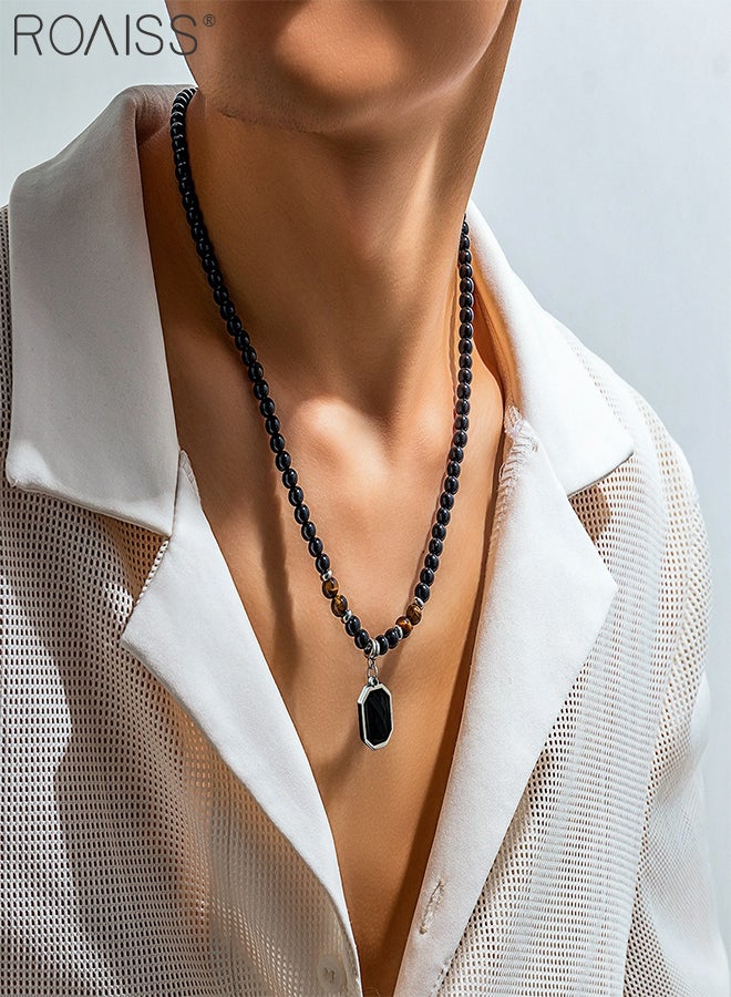roaiss 2 Pcs Men's Necklace and Beaded Bracelet, Vintage Tiger Eye Stone Necklace with Black Square Pendant, Natural Tiger Eye Stone Double Layer Bracelet, Metal Chain Bracelet,Jewelry Accessory Gift for Men  - Image 2
