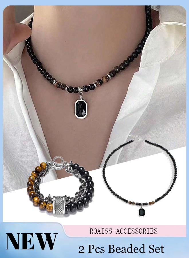 roaiss 2 Pcs Men's Necklace and Beaded Bracelet, Vintage Tiger Eye Stone Necklace with Black Square Pendant, Natural Tiger Eye Stone Double Layer Bracelet, Metal Chain Bracelet,Jewelry Accessory Gift for Men  - Image 1