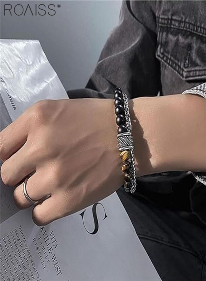 roaiss 2 Pcs Men's Necklace and Beaded Bracelet, Vintage Tiger Eye Stone Necklace with Black Square Pendant, Natural Tiger Eye Stone Double Layer Bracelet, Metal Chain Bracelet,Jewelry Accessory Gift for Men  - Image 4