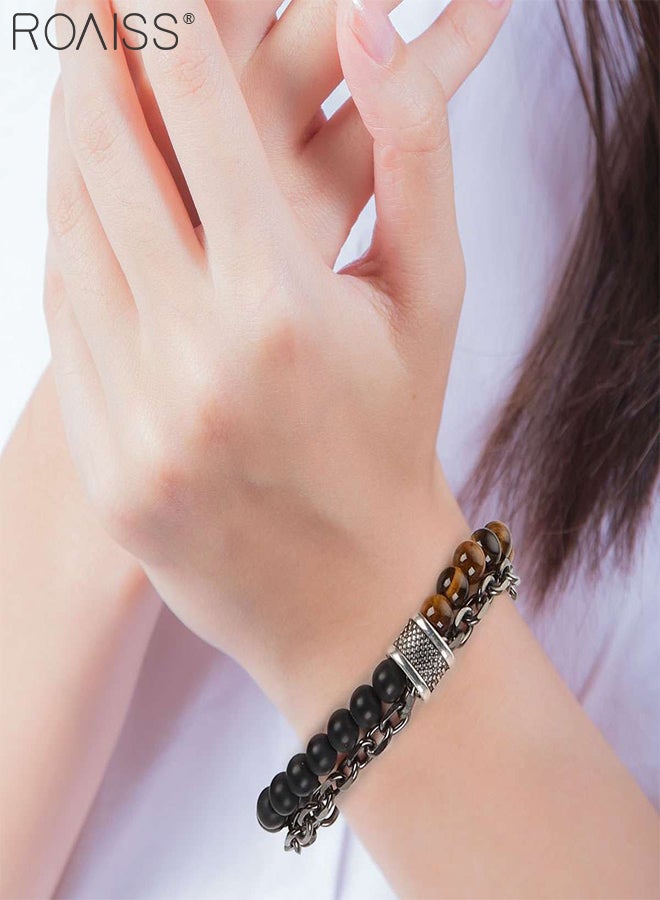 roaiss 2 Pcs Men's Necklace and Beaded Bracelet, Vintage Tiger Eye Stone Necklace with Black Square Pendant, Natural Tiger Eye Stone Double Layer Bracelet, Metal Chain Bracelet,Jewelry Accessory Gift for Men  - Image 5
