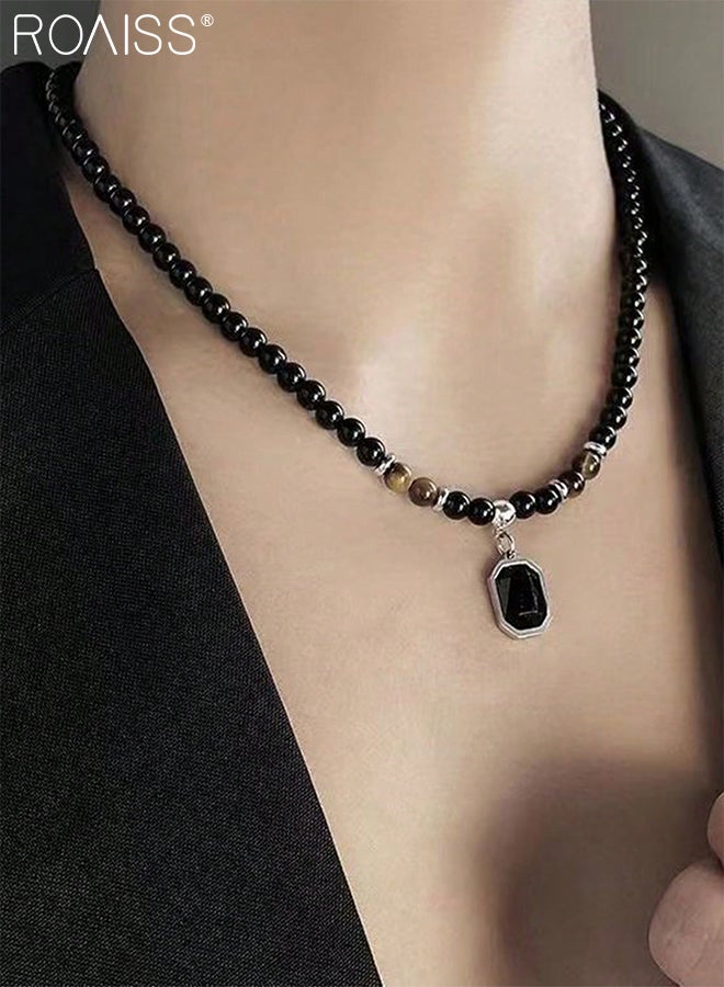 roaiss 2 Pcs Men's Necklace and Beaded Bracelet, Vintage Tiger Eye Stone Necklace with Black Square Pendant, Natural Tiger Eye Stone Double Layer Bracelet, Metal Chain Bracelet,Jewelry Accessory Gift for Men  - Image 3