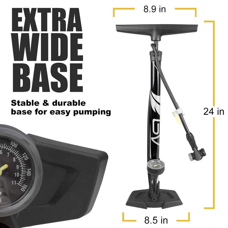 BV Bicycle Pump Durable Steel Bike Floor Pump 17/24 inch Smart Valve Head, 160 psi, Automatically Reversible Presta and Schrader (Black- Full Size) - Image 3