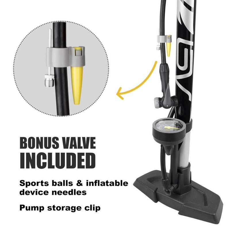 BV Bicycle Pump Durable Steel Bike Floor Pump 17/24 inch Smart Valve Head, 160 psi, Automatically Reversible Presta and Schrader (Black- Full Size) - Image 2