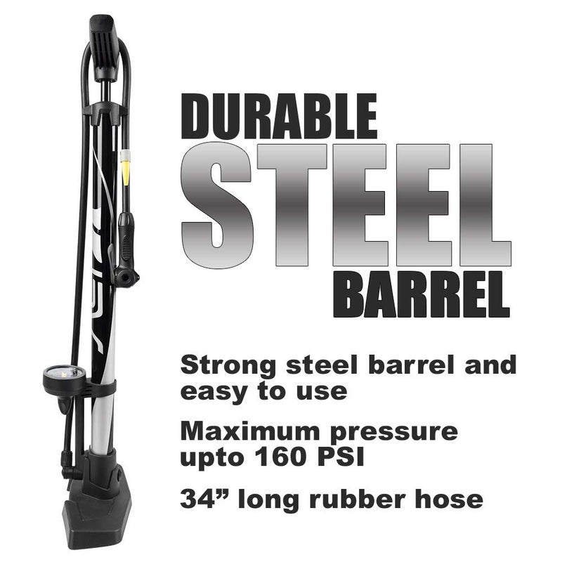 BV Bicycle Pump Durable Steel Bike Floor Pump 17/24 inch Smart Valve Head, 160 psi, Automatically Reversible Presta and Schrader (Black- Full Size) - Image 5