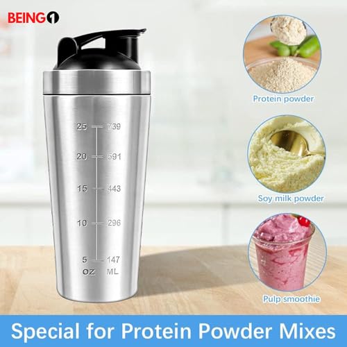 Being One Stainless Steel Fitness Protein Shaker Cup 750 ml, for Sports, Fitness and Gifts, BPA Free/Leak-Proof/Stainless Steel, Water Bottle with Scale - for Clump Free Shakes - Image 3