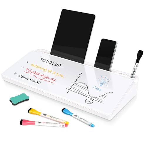 DOLLAR BOSS Glass Desk Whiteboard Small Dry Erase Board Desktop White Board with Storage Drawer Computer Keyboard Stand Desk Organizer Office Accessories Back to School Supplies with 4 Markers, White - Image 1