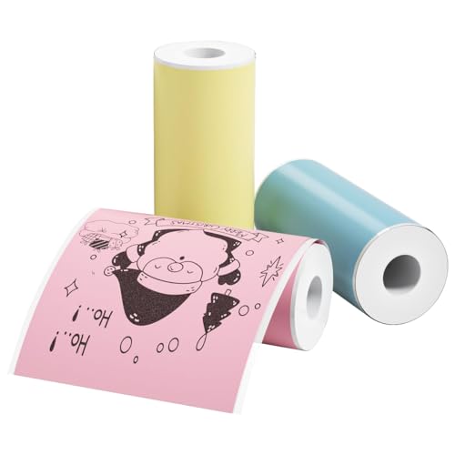 Zeitel® 3 Rolls Adhesive Thermal Printer Stickers 57x25mm 3 Colors Thermal Printer Stickers Label Sticker for Mini Printers Bluetooth Pocket Printers Sticker (Pink/Blue/Yellow) - Image 1