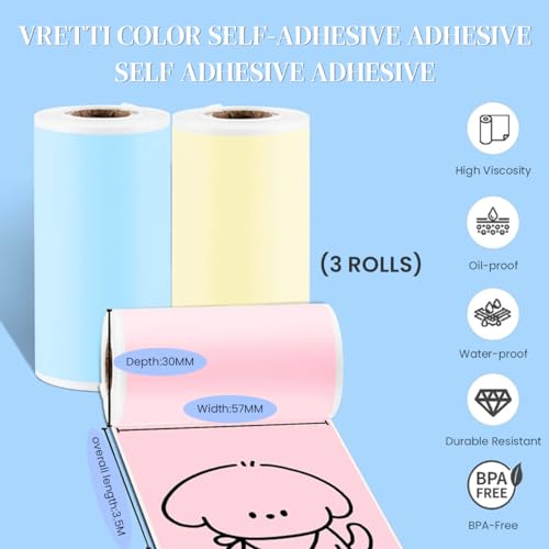 Zeitel® 3 Rolls Adhesive Thermal Printer Stickers 57x25mm 3 Colors Thermal Printer Stickers Label Sticker for Mini Printers Bluetooth Pocket Printers Sticker (Pink/Blue/Yellow) - Image 3