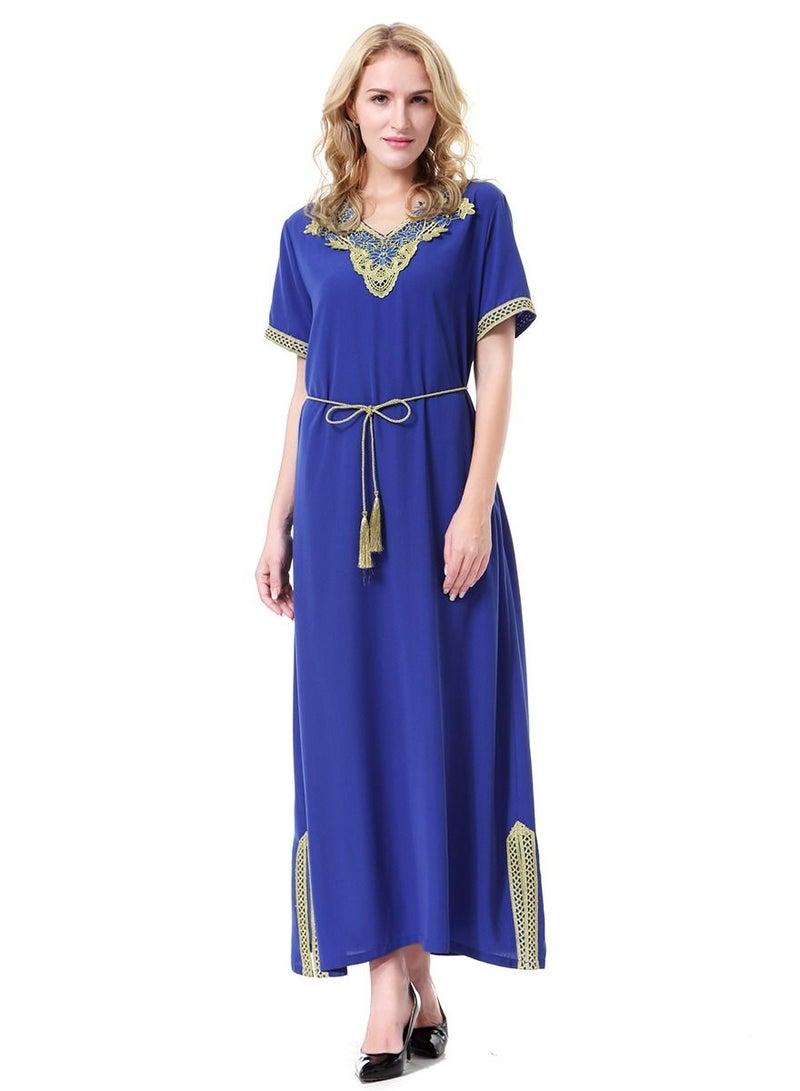 Loquat Lady's Solid Color V-Neck Lace Applique Dress Short Sleeve Maxi Long Dress Whith Belt Blue/Gold  - Image 1