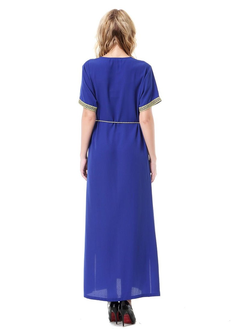 Loquat Lady's Solid Color V-Neck Lace Applique Dress Short Sleeve Maxi Long Dress Whith Belt Blue/Gold  - Image 3