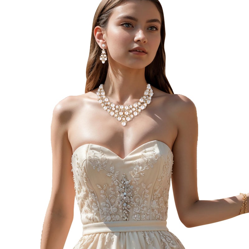 BriLove Wedding Bridal Simulated Pearl Jewelry Set for Women Crystal Cluster Statement Necklace Dangle Earrings for Party Prom Clear Gold-Tone. - Image 3