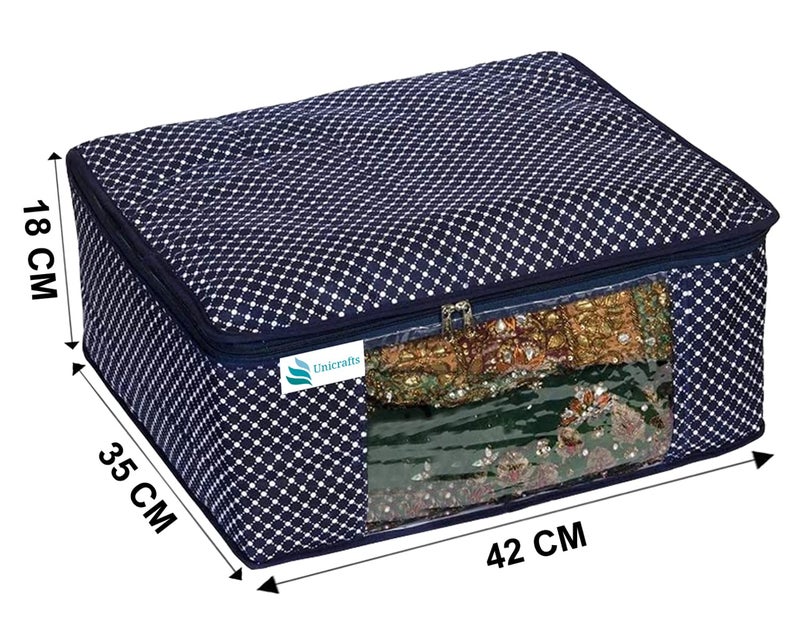 Unicrafts Polka Dots Saree Cover 3 Layered Quilted Saree Bags for Wardrobe Foldable Cotton Sari Storage Organizer with a Large Transparent Window Bride Lahenga Dress Suit Combo Set of 6 Pc Blue - Image 3