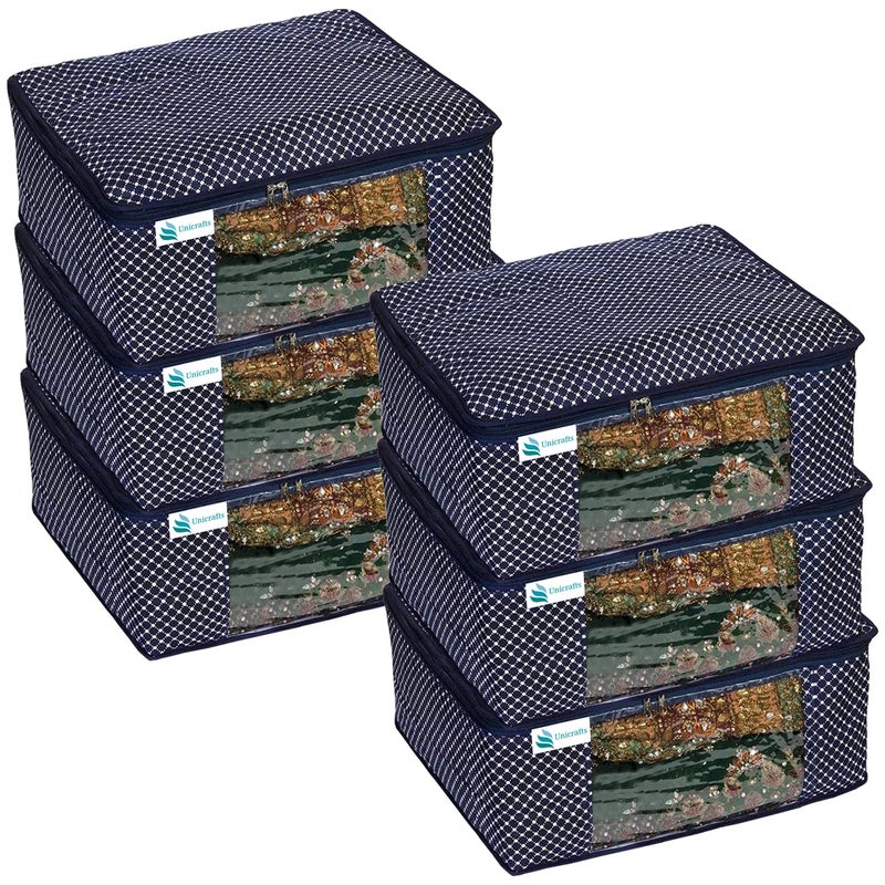 Unicrafts Polka Dots Saree Cover 3 Layered Quilted Saree Bags for Wardrobe Foldable Cotton Sari Storage Organizer with a Large Transparent Window Bride Lahenga Dress Suit Combo Set of 6 Pc Blue - Image 1