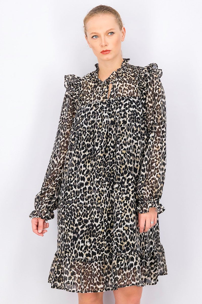 Tchibo Women Printed Ruffled Mini Dress, Black Combo - Image 1