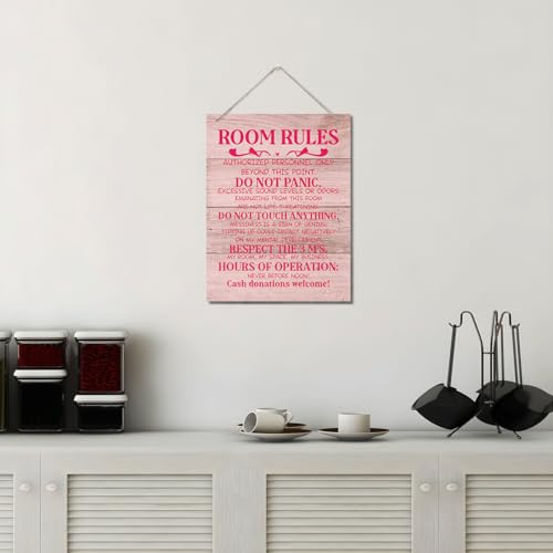 ZPPRJF Room Rules Sign, Decorative Hanging Wood Plaque for Wall, Fun Room Signs for Teen Girls, Bedroom Door Hanger, Rustic MDF Wall Art, 20 x 26 cm - Image 5