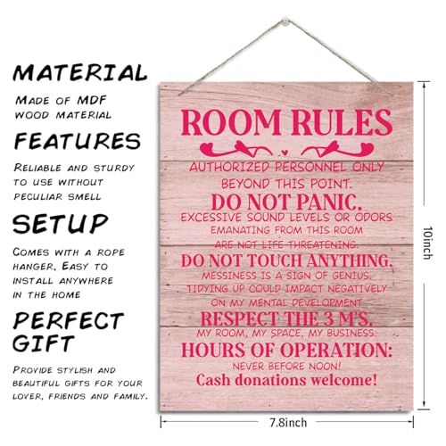 ZPPRJF Room Rules Sign, Decorative Hanging Wood Plaque for Wall, Fun Room Signs for Teen Girls, Bedroom Door Hanger, Rustic MDF Wall Art, 20 x 26 cm - Image 3