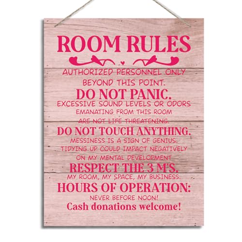 ZPPRJF Room Rules Sign, Decorative Hanging Wood Plaque for Wall, Fun Room Signs for Teen Girls, Bedroom Door Hanger, Rustic MDF Wall Art, 20 x 26 cm - Image 1