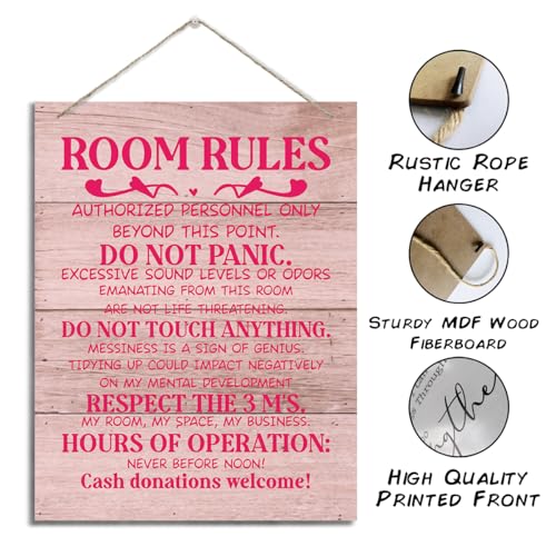 ZPPRJF Room Rules Sign, Decorative Hanging Wood Plaque for Wall, Fun Room Signs for Teen Girls, Bedroom Door Hanger, Rustic MDF Wall Art, 20 x 26 cm - Image 2