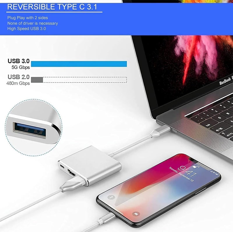 USB C to HDMI Adapter, 4K Video Converter with 3.0 and Type-C Charging Port, USB-C Digital AV Multiport Adapter for Mac Devices (Silver) - Image 5