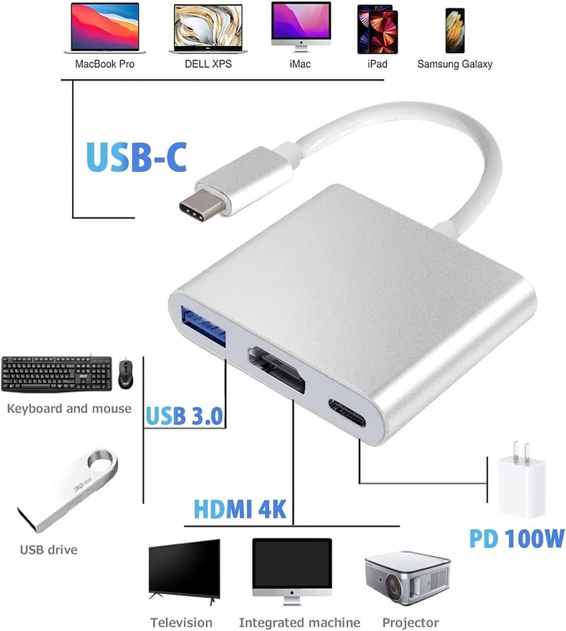 USB C to HDMI Adapter, 4K Video Converter with 3.0 and Type-C Charging Port, USB-C Digital AV Multiport Adapter for Mac Devices (Silver) - Image 2