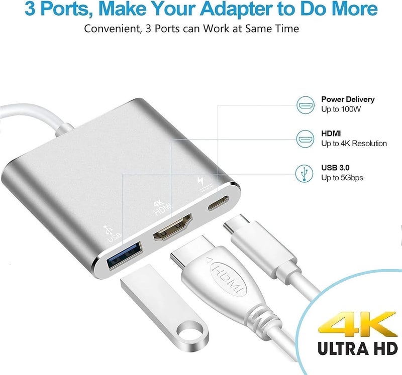USB C to HDMI Adapter, 4K Video Converter with 3.0 and Type-C Charging Port, USB-C Digital AV Multiport Adapter for Mac Devices (Silver) - Image 3