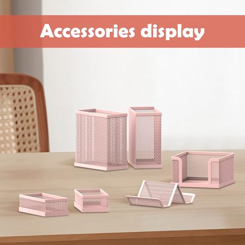 SUPEASY Pen Holder for Desk 6 Piece Mesh Desk Organizer set for Office Organization with Mail Organizer Letter Phone Holder Sticky Notes Caddy Storage Pink - Image 3