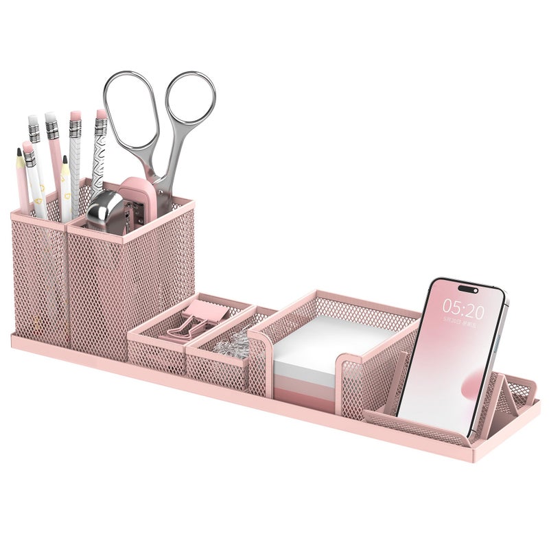 SUPEASY Pen Holder for Desk 6 Piece Mesh Desk Organizer set for Office Organization with Mail Organizer Letter Phone Holder Sticky Notes Caddy Storage Pink - Image 2