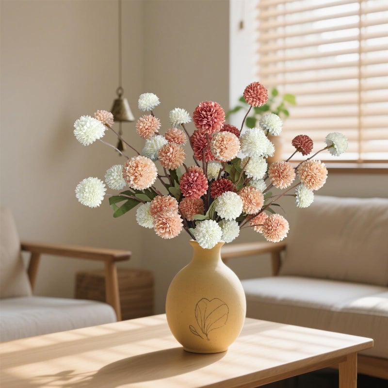 Cherica 10 Pcs Fake Flowers, Artificial Mums With Long Stems, Faux Pompon Mums Floral Arrangement, 3 Mixed Colors Plastic Flowers Silk Dried Flowers Home Decor, Fall Decorations For Home Vase(No Vase) - Image 5