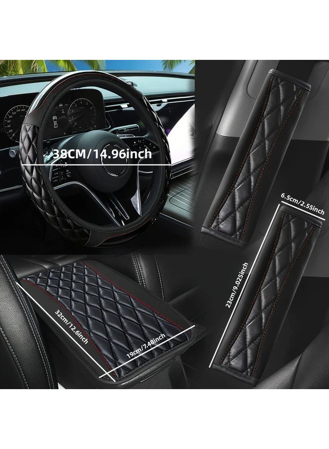 Gray 4pcs Car Steering Wheel Cover Set With Seat Belt Pad And Armrest Box Cover Anti Slip All Season - Image 2