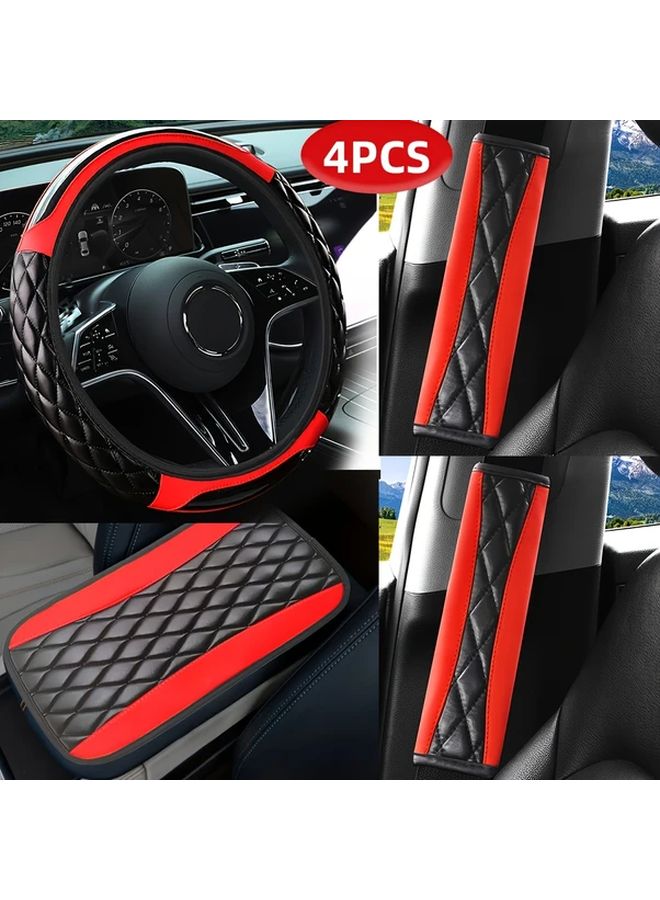 Gray 4pcs Car Steering Wheel Cover Set With Seat Belt Pad And Armrest Box Cover Anti Slip All Season - Image 3