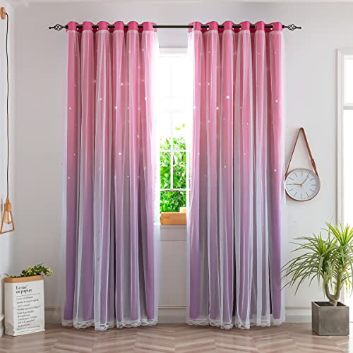 Yancorp Kids Curtains for Girls Bedroom Princess Curtains for Daughter Room 63 Inches Long Star Curtains with Tieback & 3 Bowties(Pink Purple,W52*L63),1 Panel - Image 1