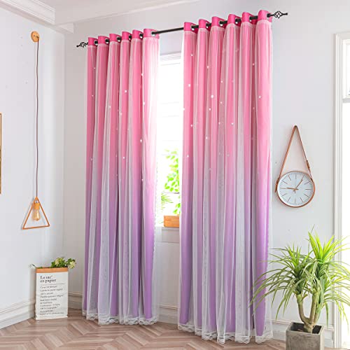 Yancorp Kids Curtains for Girls Bedroom Princess Curtains for Daughter Room 63 Inches Long Star Curtains with Tieback & 3 Bowties(Pink Purple,W52*L63),1 Panel - Image 2