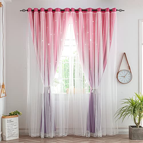 Yancorp Kids Curtains for Girls Bedroom Princess Curtains for Daughter Room 63 Inches Long Star Curtains with Tieback & 3 Bowties(Pink Purple,W52*L63),1 Panel - Image 3