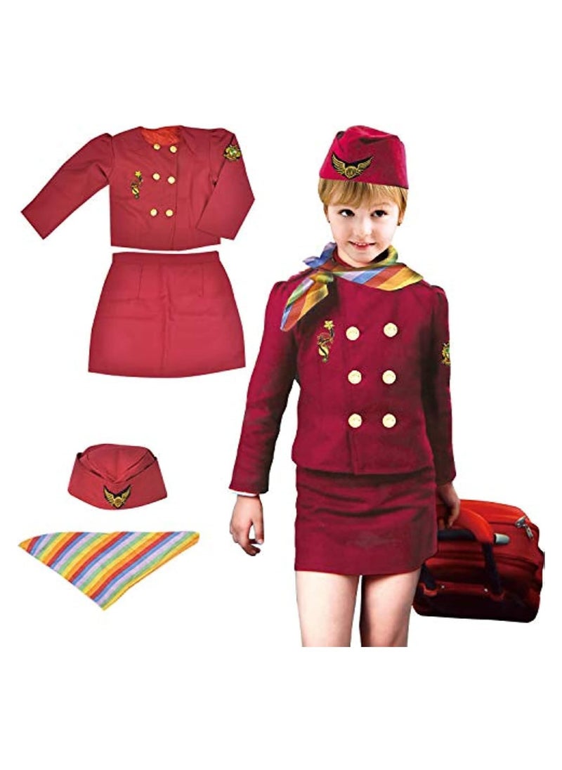 4PCS Flight Attendant Suit, Stewardess Uniform Set with Top, Skirt, Hat and Scarf, Girl's Aerospace Flight Attendant Uniform, Stewardess Costume for Cosplay, Stage Performance and Themed Party(3-8 Years, 80-110cm)  - Image 1