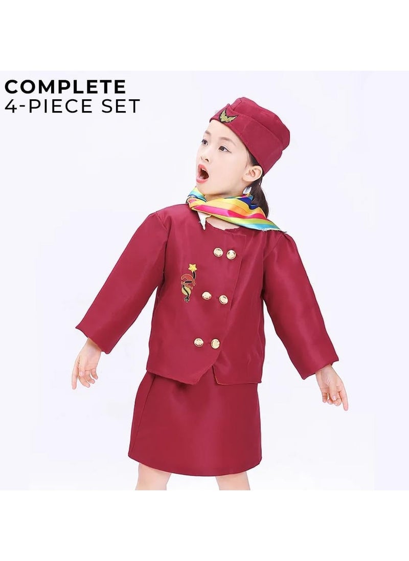 4PCS Flight Attendant Suit, Stewardess Uniform Set with Top, Skirt, Hat and Scarf, Girl's Aerospace Flight Attendant Uniform, Stewardess Costume for Cosplay, Stage Performance and Themed Party(3-8 Years, 80-110cm)  - Image 4