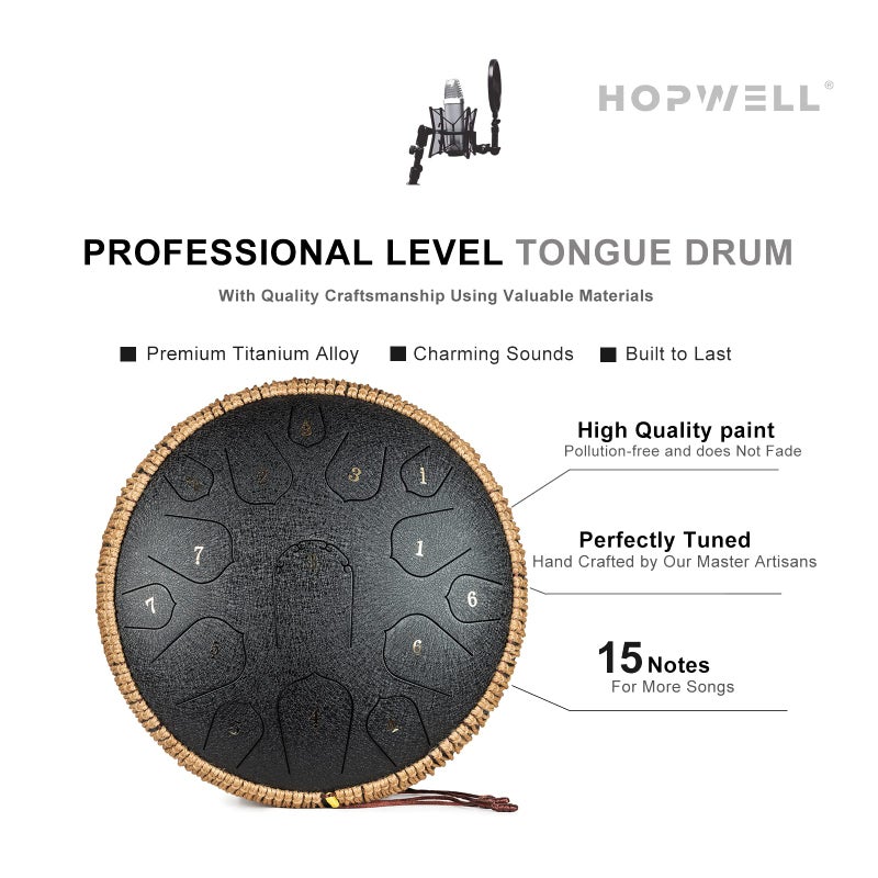 HOPWELL Steel Tongue Drum - HOPWELL 15 Note 14 Inch Tongue Drum - Hand Pan Drums with Music Book, Steel Handpan Drum Mallets and Carry Bag, D Major (Black) - Image 3