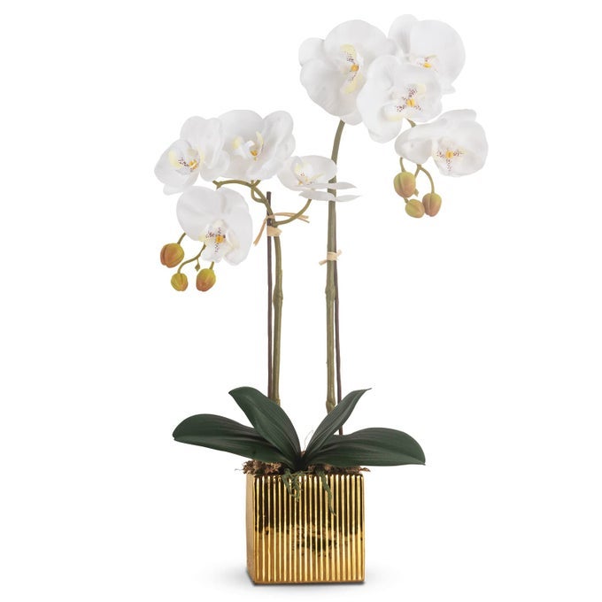 ARTIFICIAL ORCHID FLOWERS POTTED IN CERAMIC POT WHITE FAUX PHALAENOPSIS ORCHIDS FOR TABLE CENTERPIECE REALISTIC FAKE FLOWER IN VASE FOR HOME OFFICE DECOR INDOOR