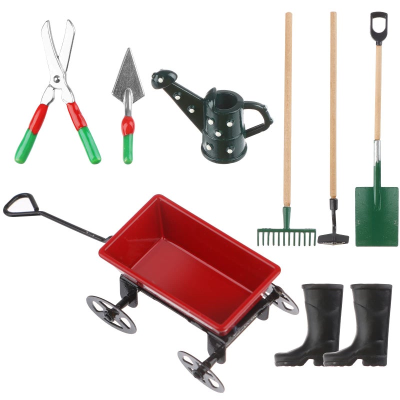 Haomian Miniature Fairy Garden Accessories Set 9 Pcs 112 Mini Metal Spade Pestle Kettle Wagon Rake Garden Watering Supplies Micro Landscape Ornaments Dollhouse Accessories