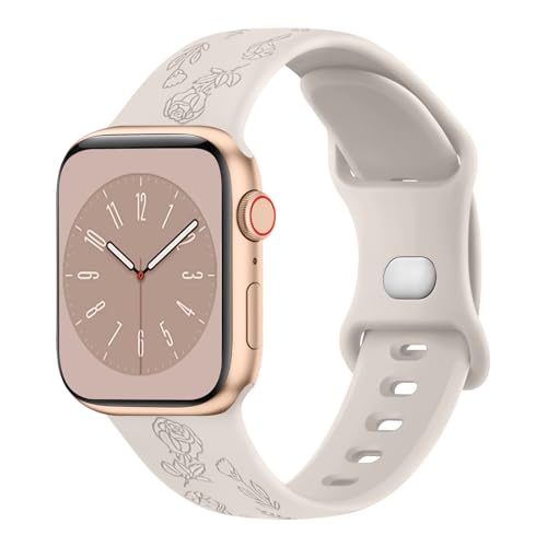 Tobfit Soft Floral Strap for Apple Watch Straps 44mm 42mm 45mm 49mm 41mm 40mm 38mm for Women(WATCH NOT INCLUDED), Flower Engraved Silicone Strap for iWatch Series SE 9 8 7 6 5 4 3 2 1 Ultra(Starlight) - Image 2