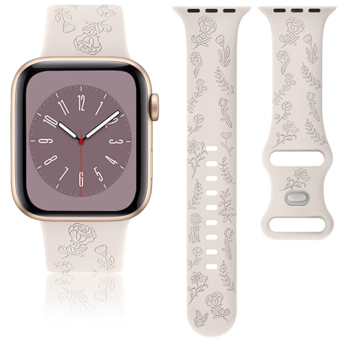 Tobfit Soft Floral Strap for Apple Watch Straps 44mm 42mm 45mm 49mm 41mm 40mm 38mm for Women(WATCH NOT INCLUDED), Flower Engraved Silicone Strap for iWatch Series SE 9 8 7 6 5 4 3 2 1 Ultra(Starlight) - Image 5