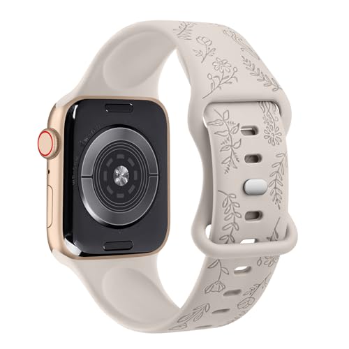 Tobfit Soft Floral Strap for Apple Watch Straps 44mm 42mm 45mm 49mm 41mm 40mm 38mm for Women(WATCH NOT INCLUDED), Flower Engraved Silicone Strap for iWatch Series SE 9 8 7 6 5 4 3 2 1 Ultra(Starlight) - Image 1