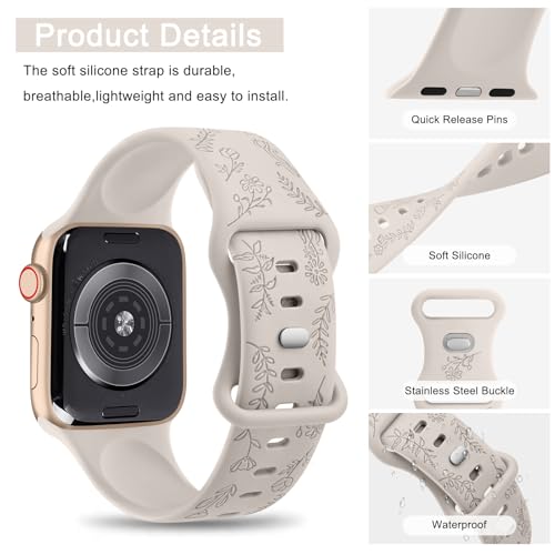 Tobfit Soft Floral Strap for Apple Watch Straps 44mm 42mm 45mm 49mm 41mm 40mm 38mm for Women(WATCH NOT INCLUDED), Flower Engraved Silicone Strap for iWatch Series SE 9 8 7 6 5 4 3 2 1 Ultra(Starlight) - Image 4