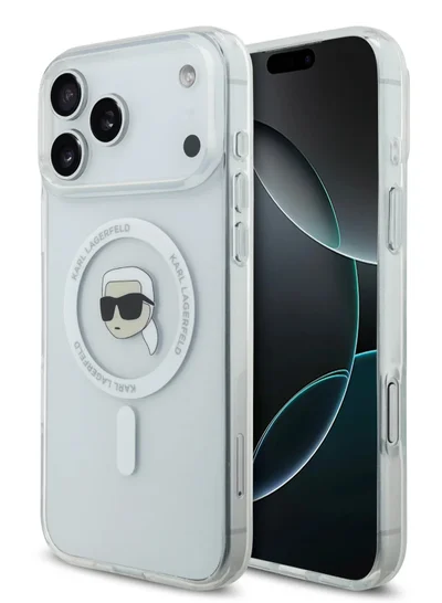 كارل لاغرفيلد جراب MagSafe لهاتف iPhone 17 Pro Max IML برأس كارل مطبوع / سهل التركيب / حماية من السقوط / تصميم نحيف / خفيف الوزن / غطاء خلفي - شفاف