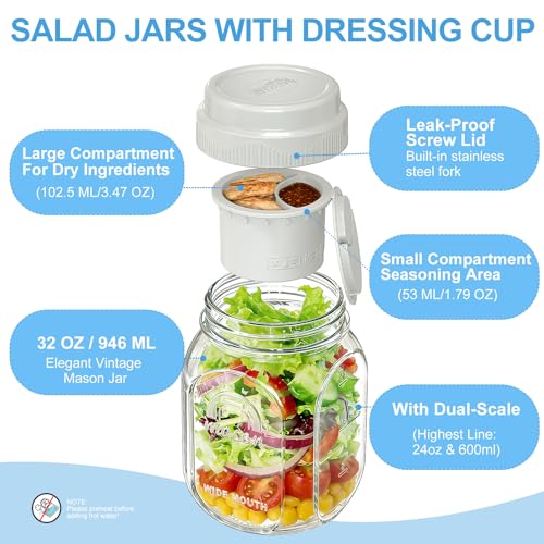 Syntic [UPGRADE] 1 Pack Glass Salad Jar with Silicone Divider Container for Meal Prep, Airtight Container for Lunch w Fork, Divider Separation for Dressing & Dry Ingredients, 32oz Overnight Oats Mason Jars - Image 3