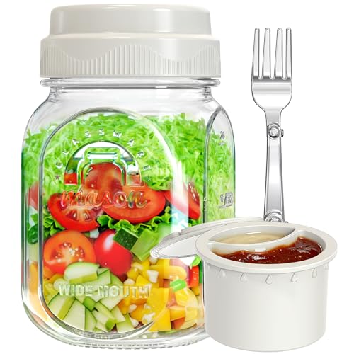 Syntic [UPGRADE] 1 Pack Glass Salad Jar with Silicone Divider Container for Meal Prep, Airtight Container for Lunch w Fork, Divider Separation for Dressing & Dry Ingredients, 32oz Overnight Oats Mason Jars - Image 1