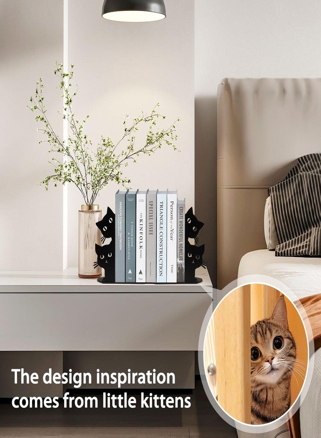 ENCIMART Peeping Cat Bookends for Shelves Decorative, Metal Book Ends for Heavy Books Book Stopper for Office Home Cute Desk Bookshelf Decor Cat Lover Gifts for Women (Black) - Image 2